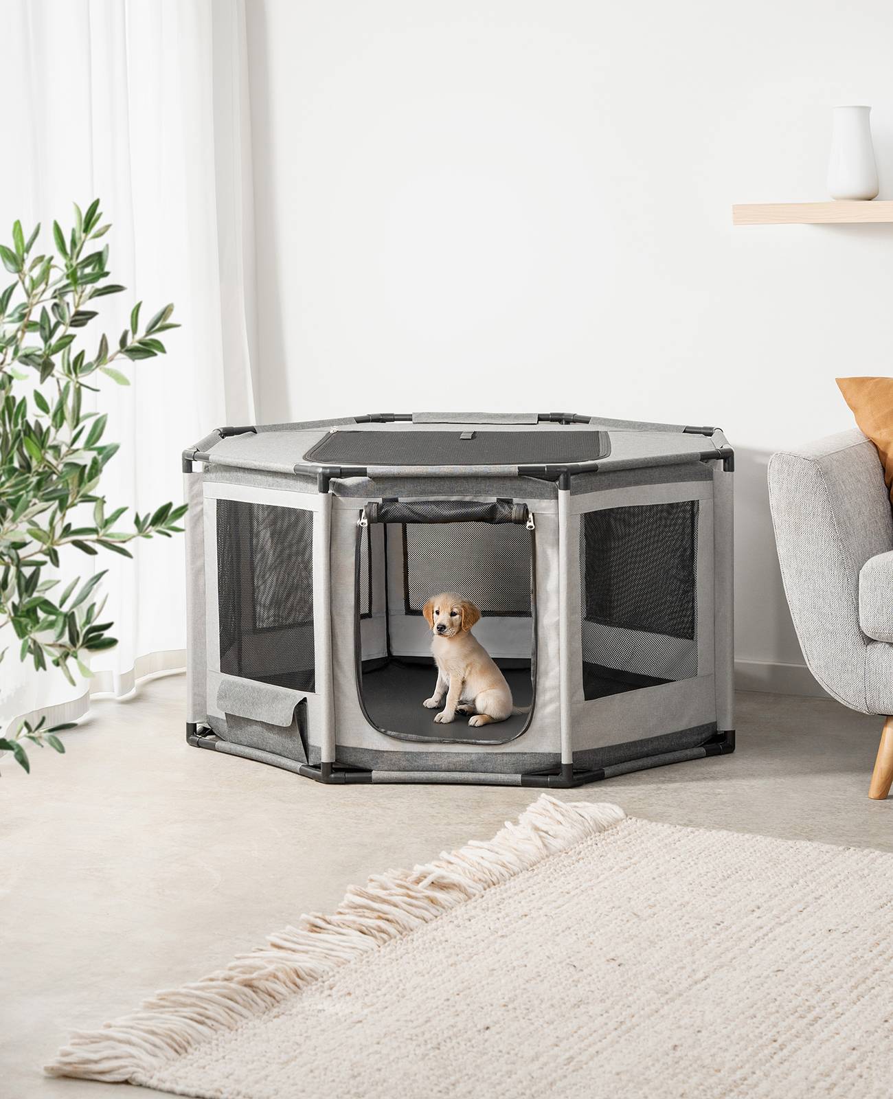 lionto Welpenauslauf, atmungsaktiv & pflegeleicht, faltbares Gehege mit Netzdach & Reißverschlusstür, 112x112x62 cm, grau