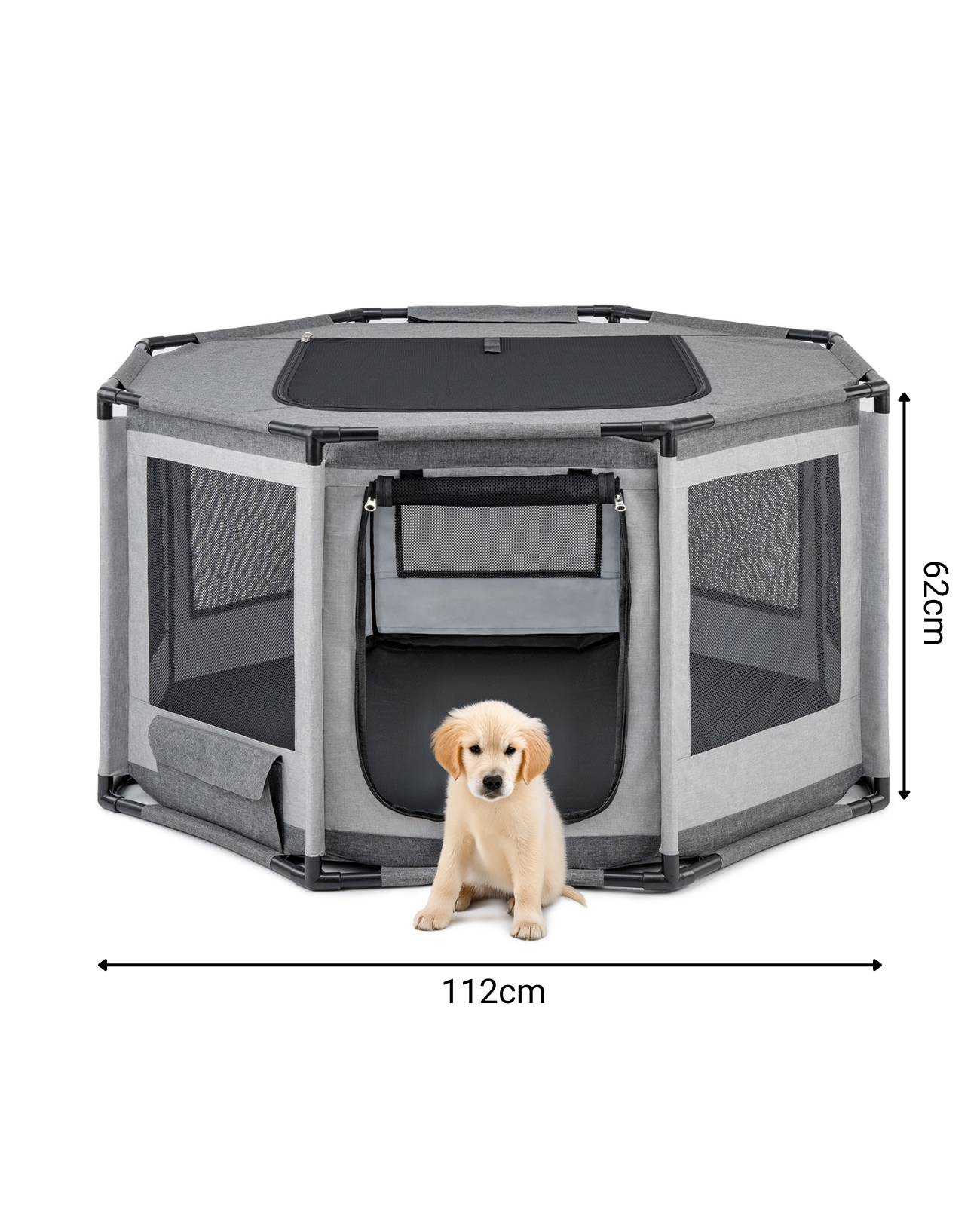 lionto Welpenauslauf, atmungsaktiv & pflegeleicht, faltbares Gehege mit Netzdach & Reißverschlusstür, 112x112x62 cm, grau