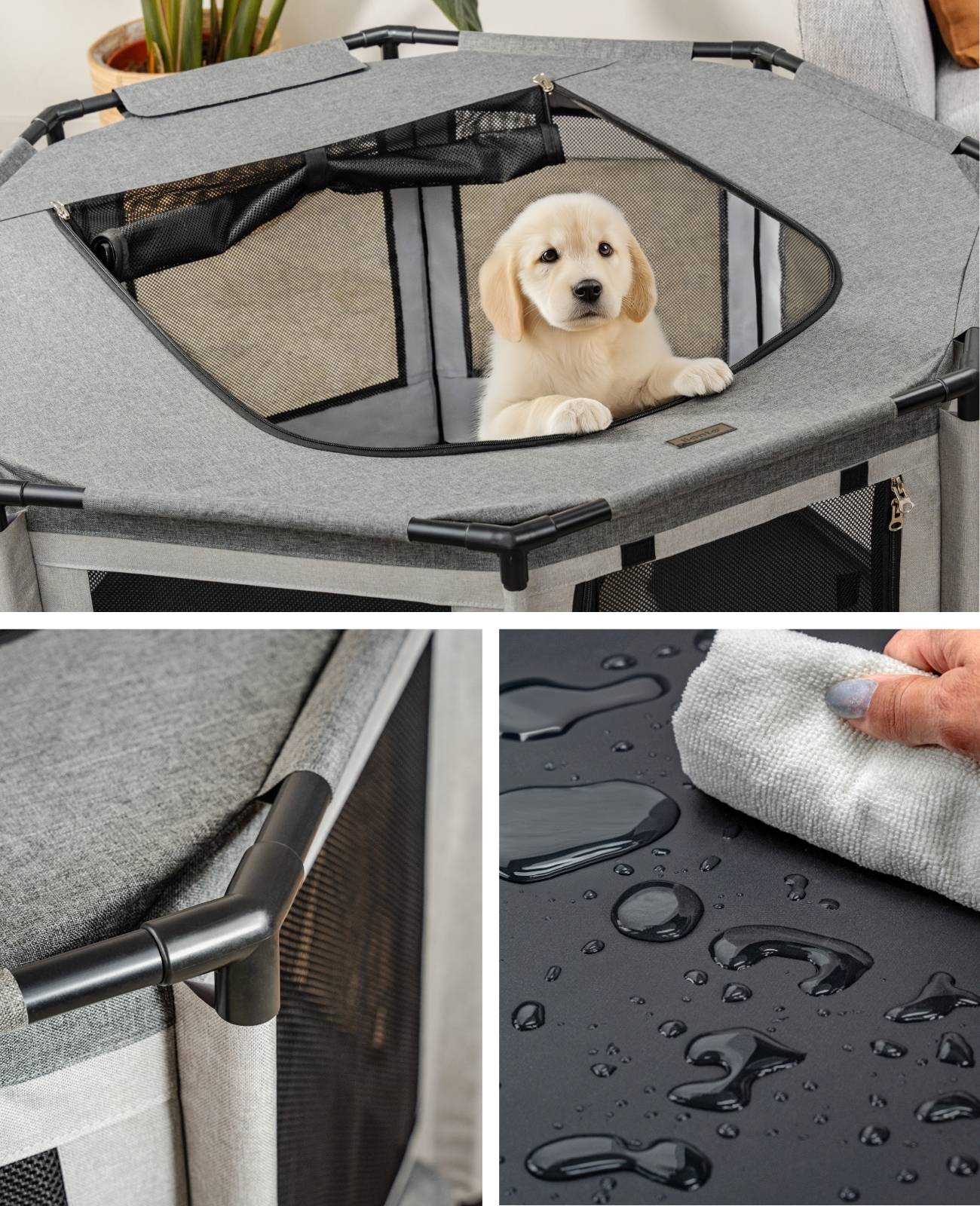 lionto Welpenauslauf, atmungsaktiv & pflegeleicht, faltbares Gehege mit Netzdach & Reißverschlusstür, 112x112x62 cm, grau