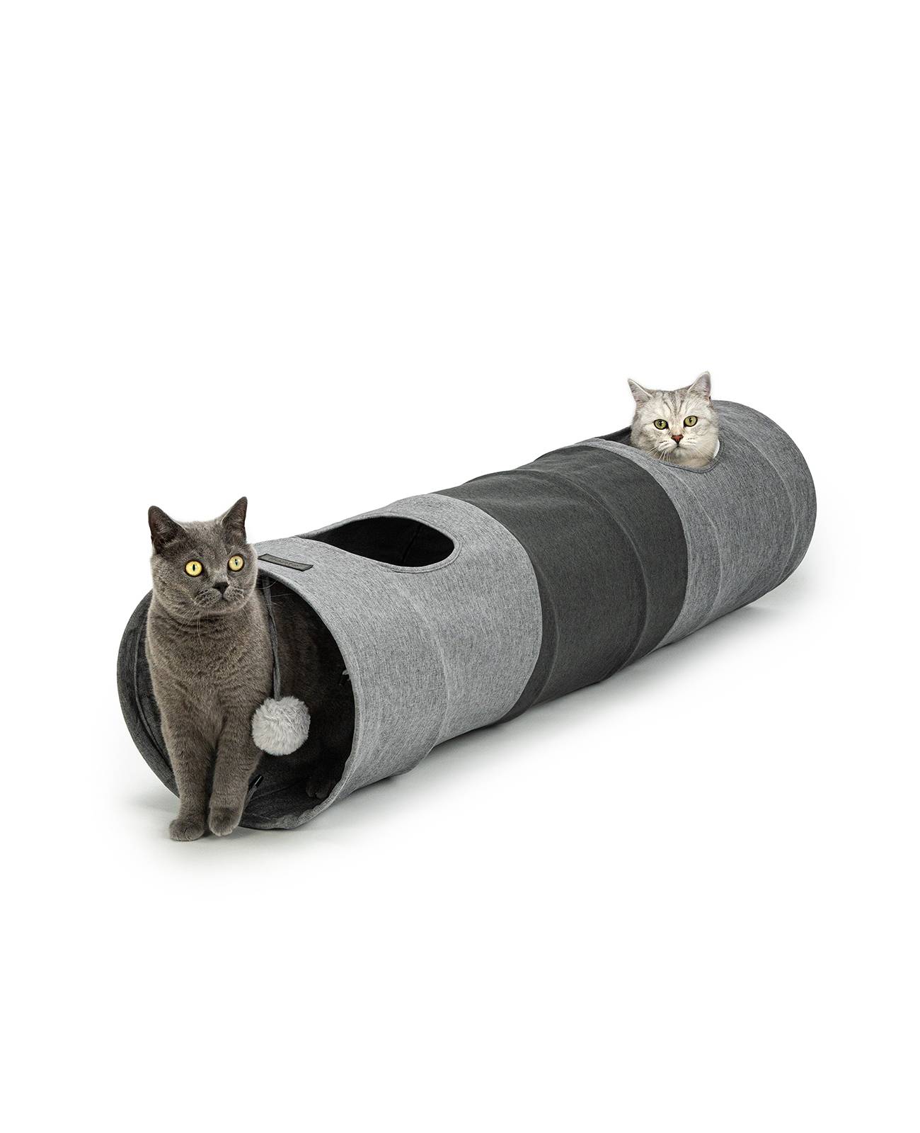 lionto Spieltunnel für Katzen, hochwertiger Faux-Linen Katzentunnel mit Spielball, erweiterbar & platzsparend, 30x130 cm, grau