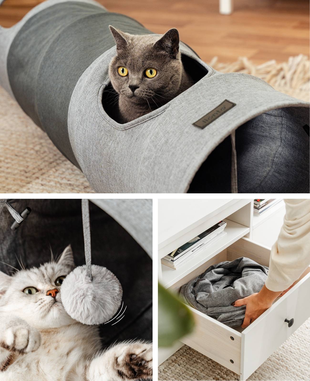 lionto Spieltunnel für Katzen, hochwertiger Faux-Linen Katzentunnel mit Spielball, erweiterbar & platzsparend, 30x70 cm, grau