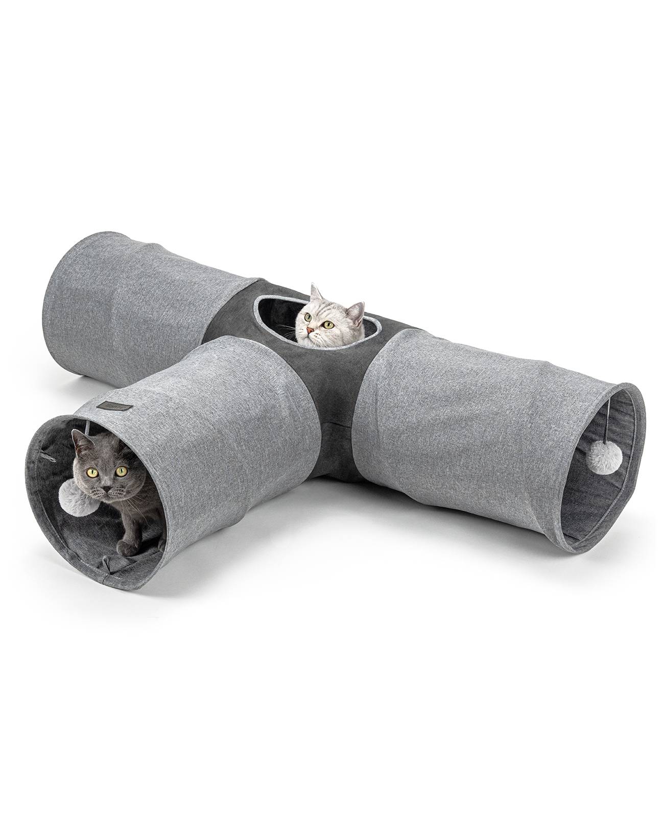 lionto Spieltunnel für Katzen, hochwertiger Faux-Linen Katzentunnel mit Spielball, erweiterbar & platzsparend, 30x120x80 cm, grau