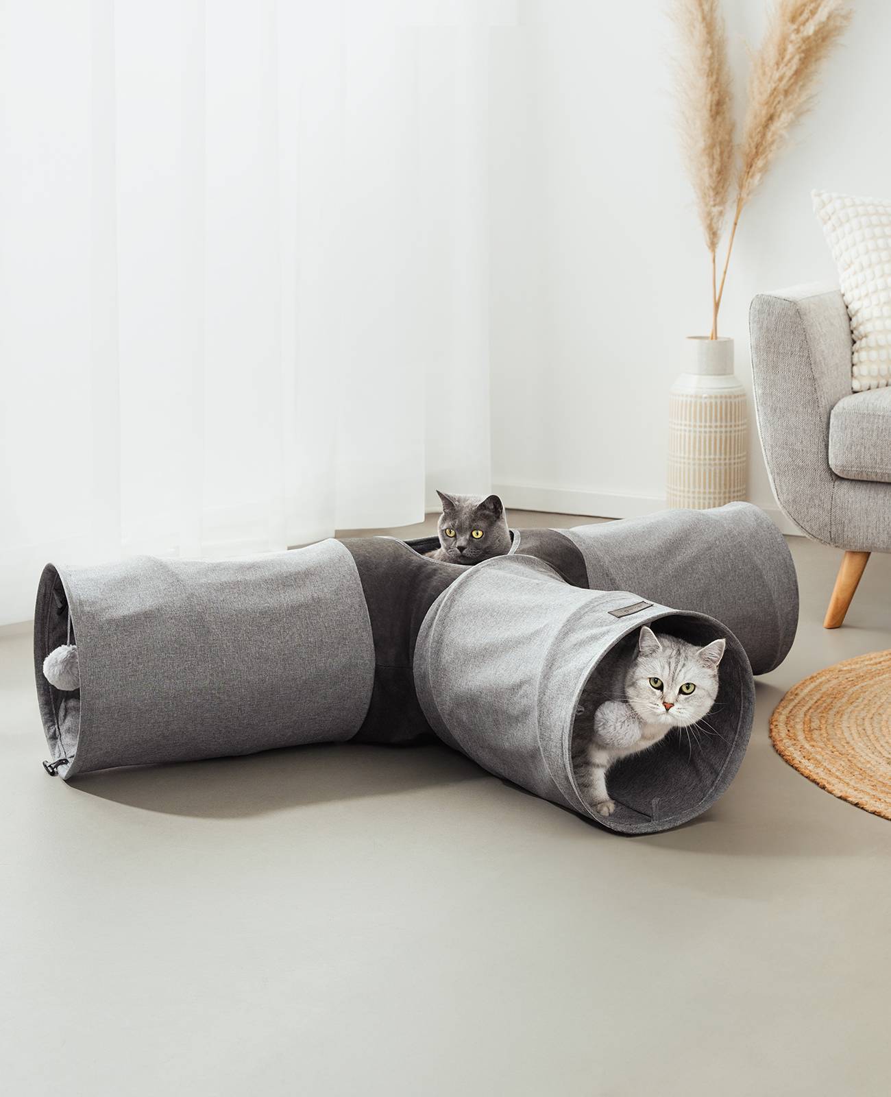 lionto Spieltunnel für Katzen, hochwertiger Faux-Linen Katzentunnel mit Spielball, erweiterbar & platzsparend, 30x120x80 cm, grau