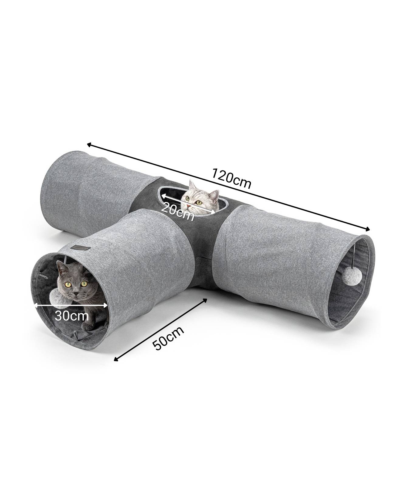 lionto Spieltunnel für Katzen, hochwertiger Faux-Linen Katzentunnel mit Spielball, erweiterbar & platzsparend, 30x120x80 cm, grau