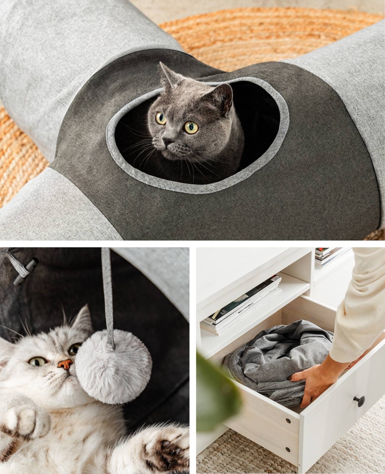lionto Spieltunnel für Katzen, hochwertiger Faux-Linen Katzentunnel mit Spielball, erweiterbar & platzsparend, 30x120x80 cm, grau