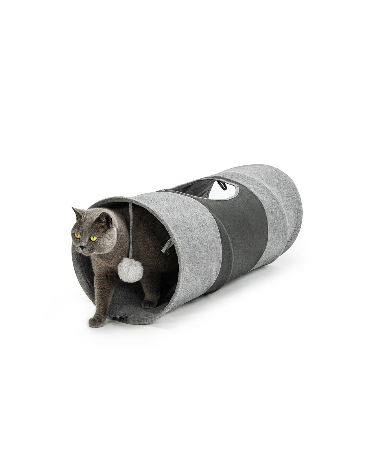 lionto Spieltunnel für Katzen, hochwertiger Faux-Linen Katzentunnel mit Spielball, erweiterbar & platzsparend, 30x70 cm, grau