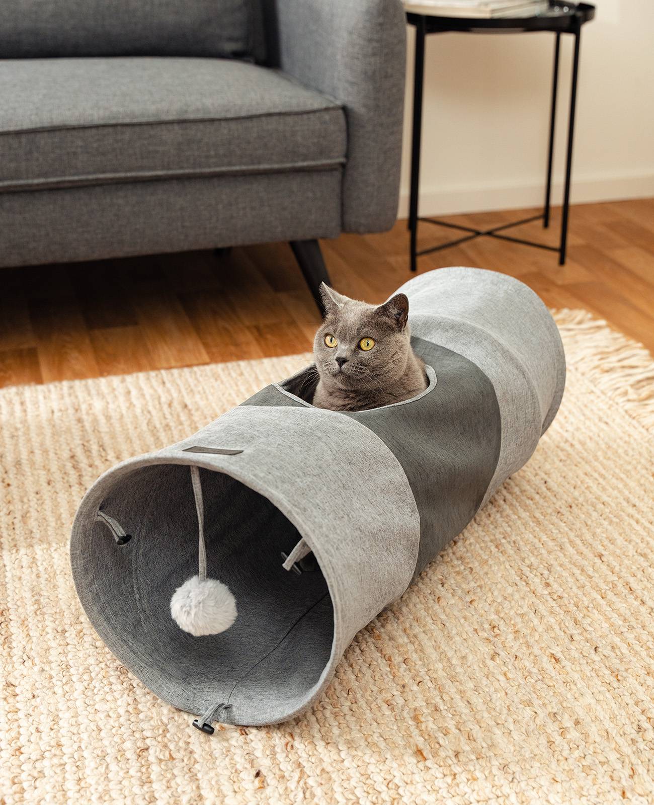 lionto Spieltunnel für Katzen, hochwertiger Faux-Linen Katzentunnel mit Spielball, erweiterbar & platzsparend, 30x70 cm, grau