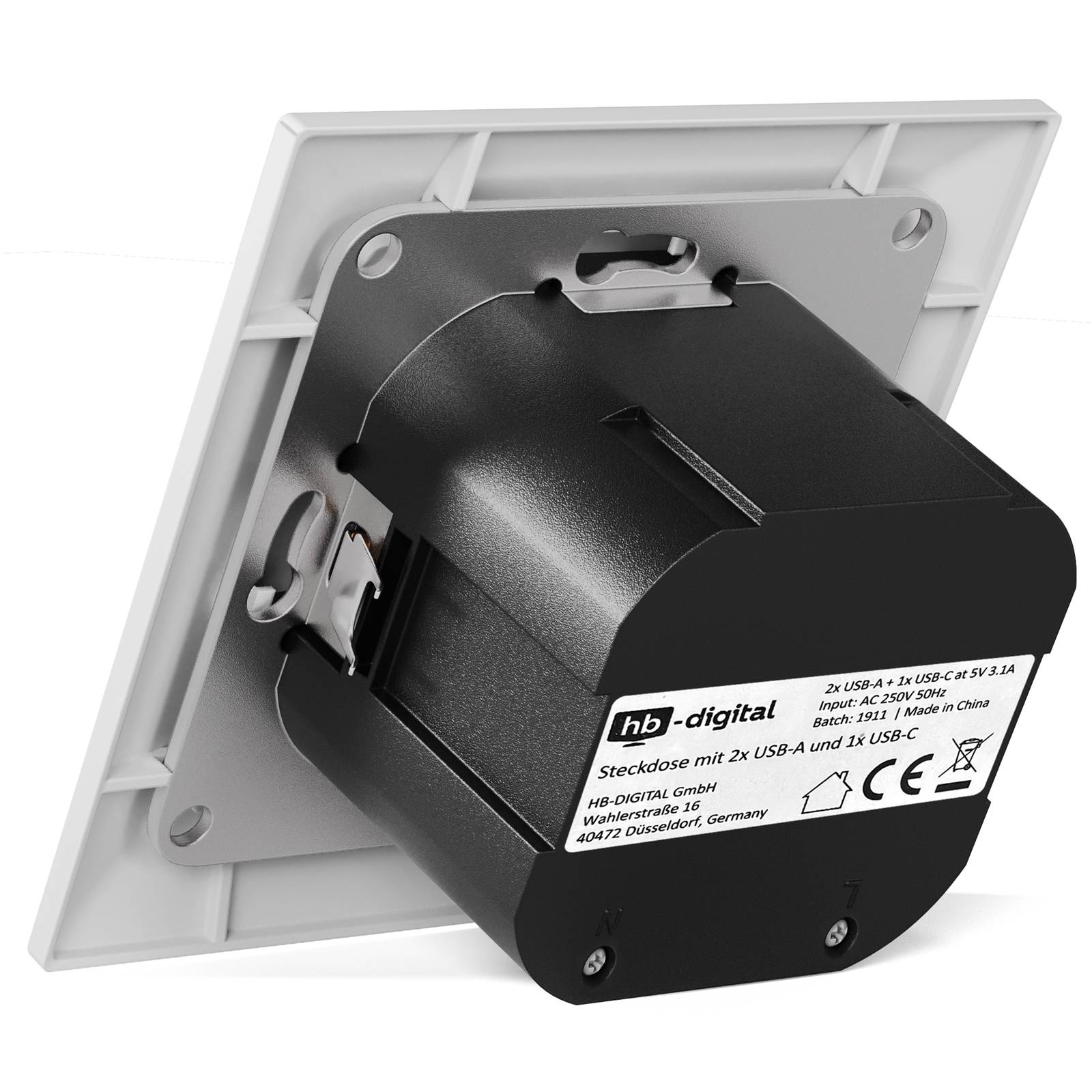 hb-digital Wandsteckdose Unterputz mit 2x USB-A und 1x USB-C Ports weiss