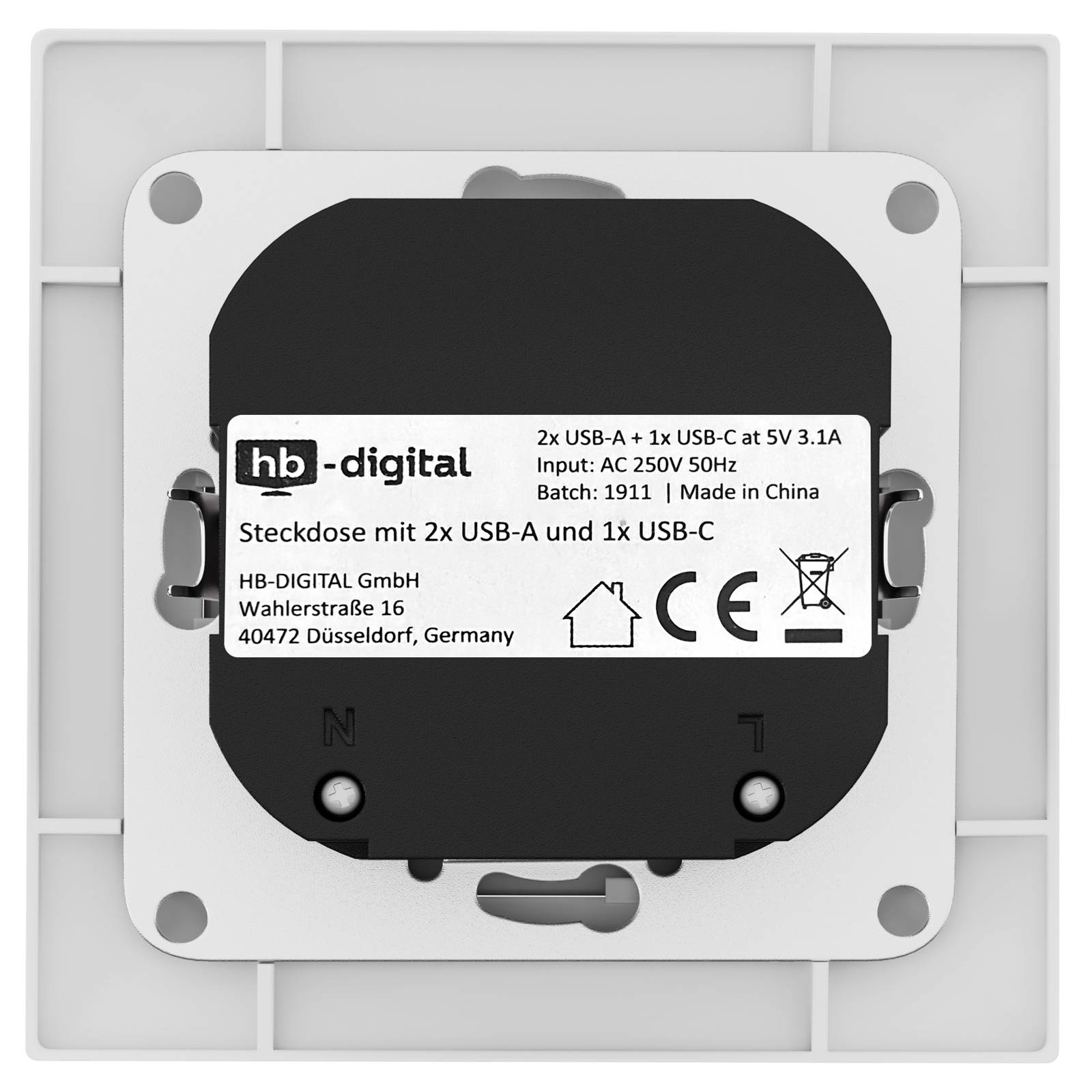 hb-digital Wandsteckdose Unterputz mit 2x USB-A und 1x USB-C Ports weiss