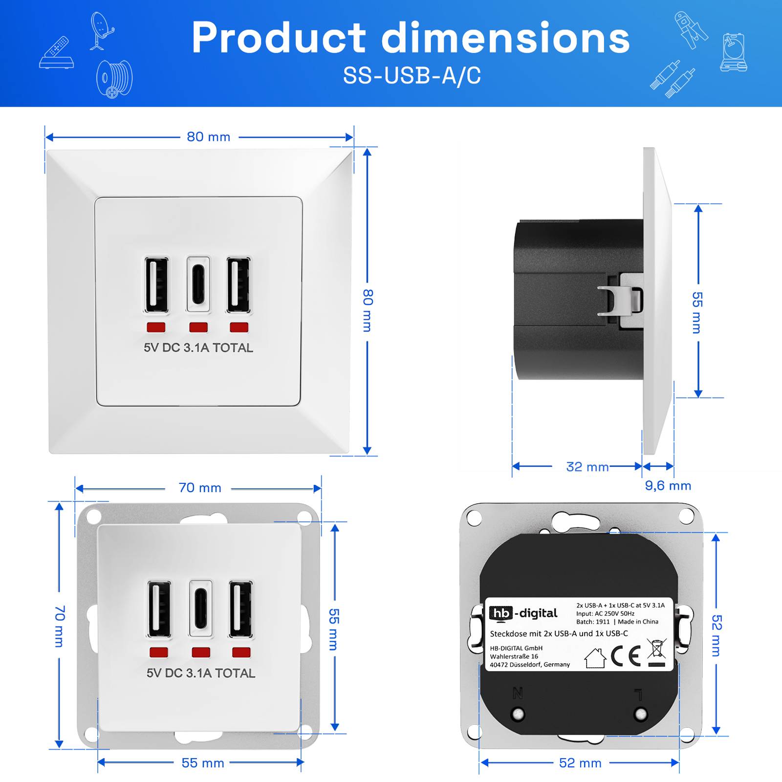 hb-digital Wandsteckdose Unterputz mit 2x USB-A und 1x USB-C Ports weiss