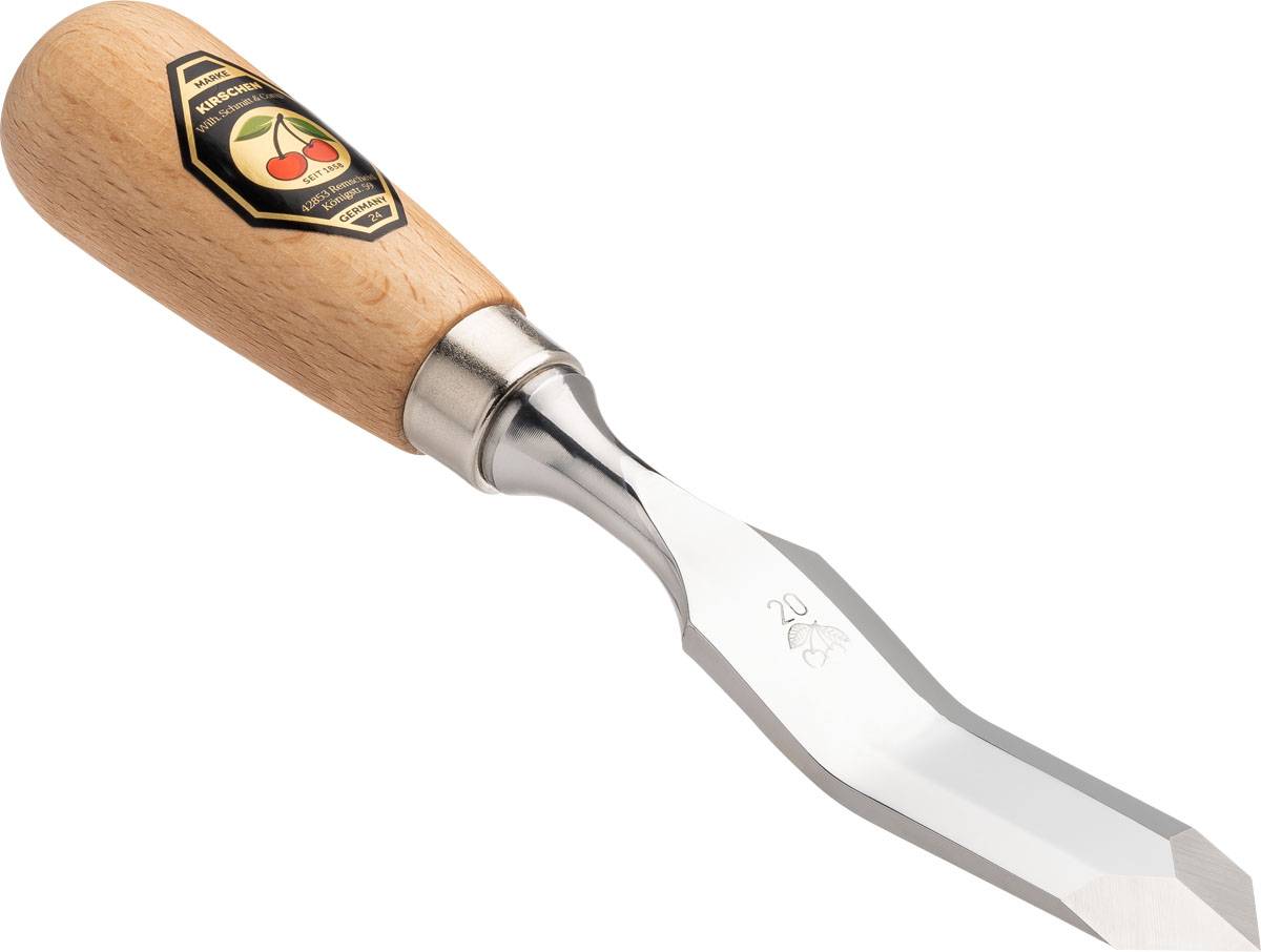 Ein Holzbearbeitungsmeisel mit Holzgriff, Metallzwinge und scharfer angeschliffener Klinge. Auf dem Griff befindet sich ein Logo.