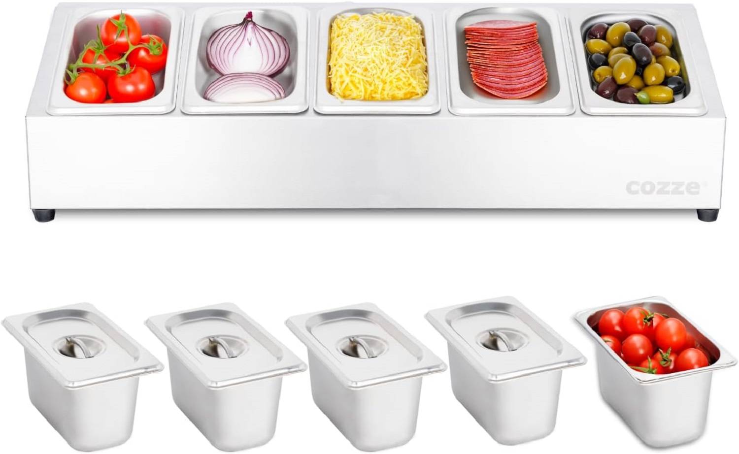 COZZE Pizza Topping Station Edelstahl Zutatenbehälter mit Deckel