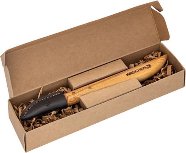 KIRSCHEN Kerbschnitzmesser mit exklusiven Holzheft aus Olivenholz gerade schneide inkl. Leder-Schneidenschutz 3358001