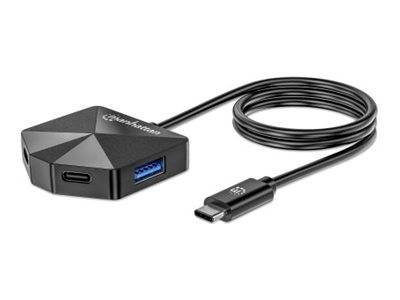 USB-C-Hub mit HDMI-, USB-A- und USB-C-Anschlüssen an einem Kabel mit USB-C-Stecker angebracht.