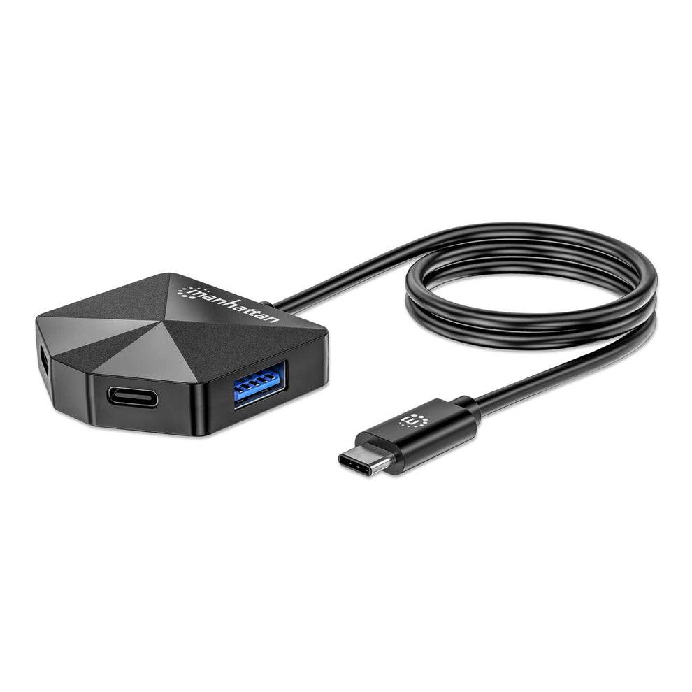 USB-C-Adapter-Hub mit HDMI- und USB-A-Anschlüssen, angebracht an einem aufgerollten Kabel, auf weißem Hintergrund dargestellt.