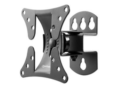 Eine schwarze TV-Wandhalterung mit mehreren Schrauböffnungen für eine verstellbare Befestigung und einem Drehpunkt zum Neigen des Fernsehers.