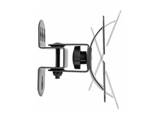 Eine Wandhalterung aus Metall für eine Satellitenschüssel, die Verstellmechanismen und Befestigungspunkte zeigt.