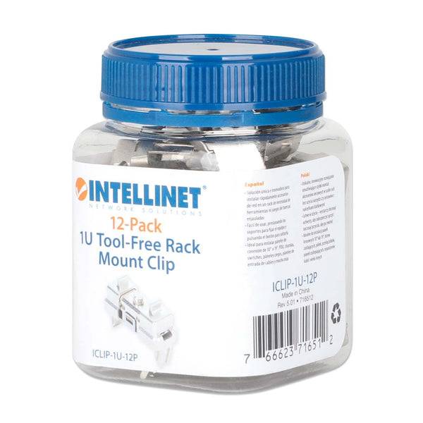 Flasche mit INTELLINET 12er-Pack 1U werkzeugloser Rack-Montage-Clips mit blauem Schraubdeckel und Produktetikett.
