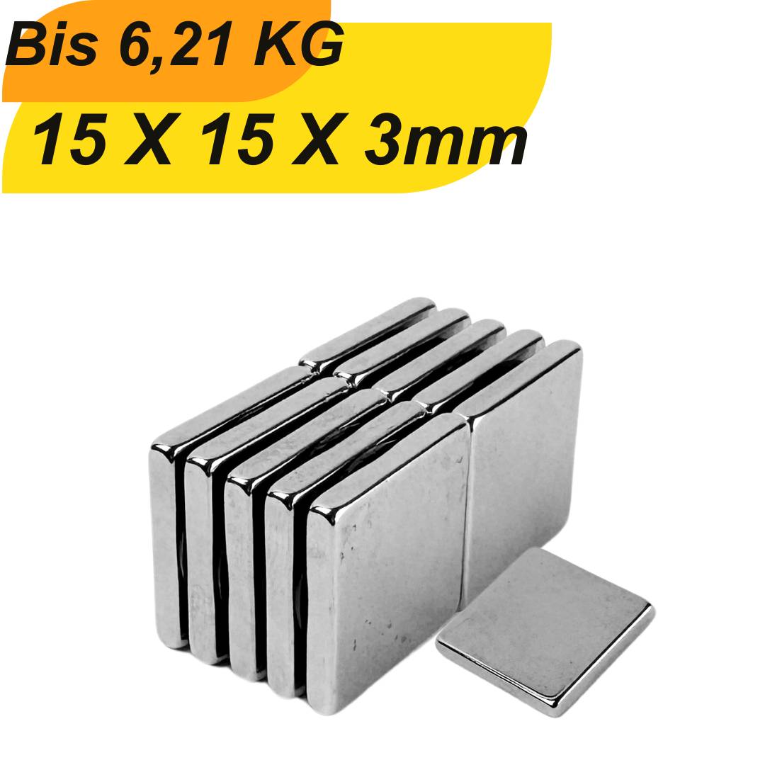 3 Stück Neodym Magnet 15mm x 15mm x 3mm Supermagnete hohe Haftkraft Quadermagnete