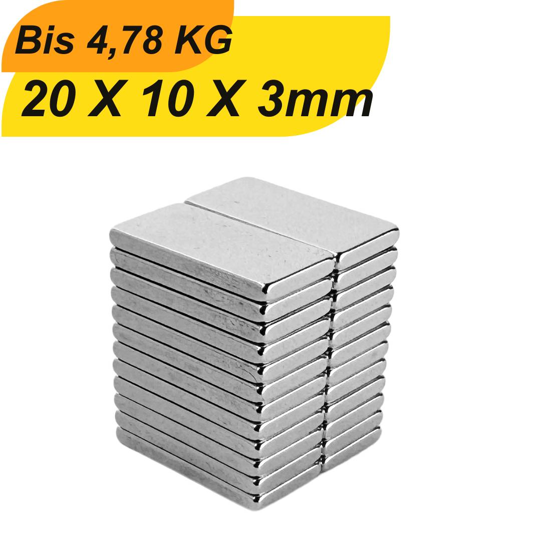 100 Stück Neodym Magnet 20mm x 10mm x 3mm Supermagnete hohe Haftkraft Quadermagnete