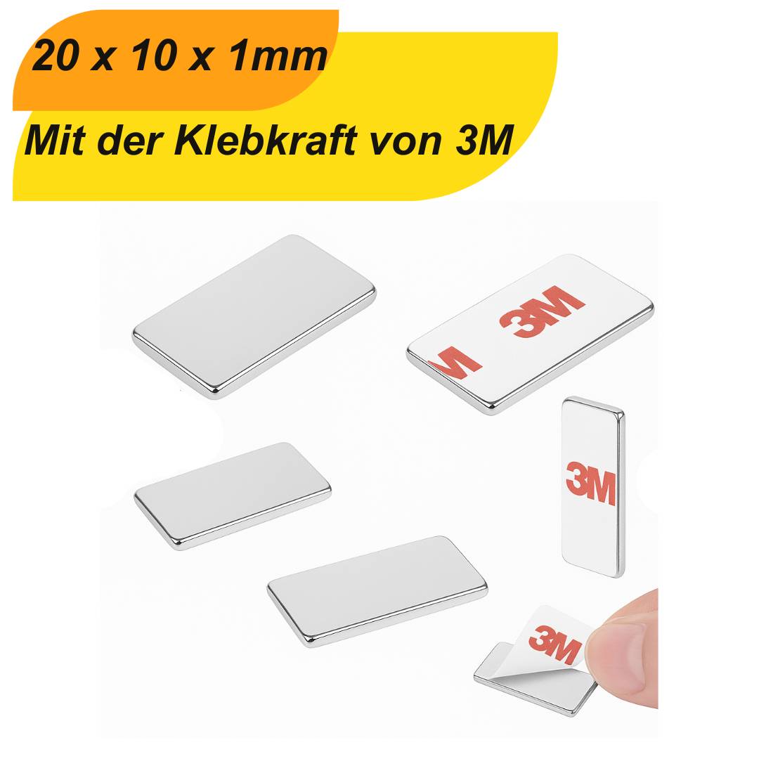 10 Stück 3M Selbstklebender Neodym-Magnet 20x10x1 mm – Superstarker Quadermagnet N42