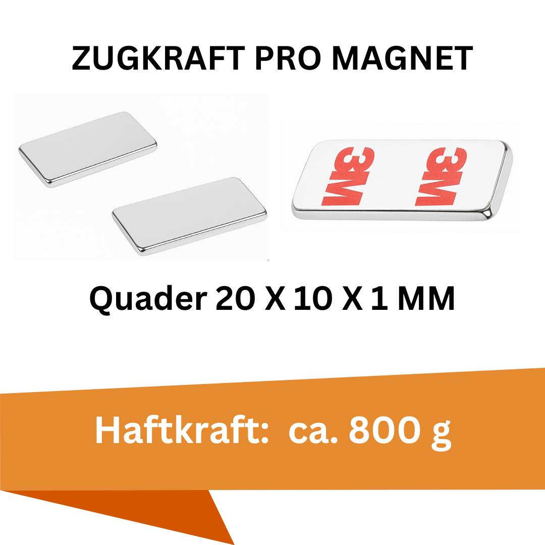 10 Stück 3M Selbstklebender Neodym-Magnet 20x10x1 mm – Superstarker Quadermagnet N42