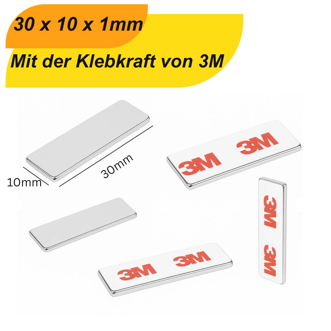 20 Stück 3M Selbstklebender Neodym-Magnet 30x10x1 mm – Superstarker Quadermagnet N42