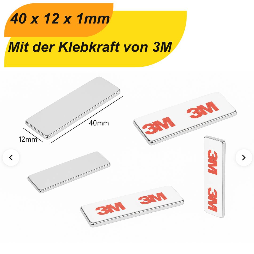 2 Stück 3M Selbstklebender Neodym-Magnet 40x12x1 mm – Superstarker Quadermagnet N42