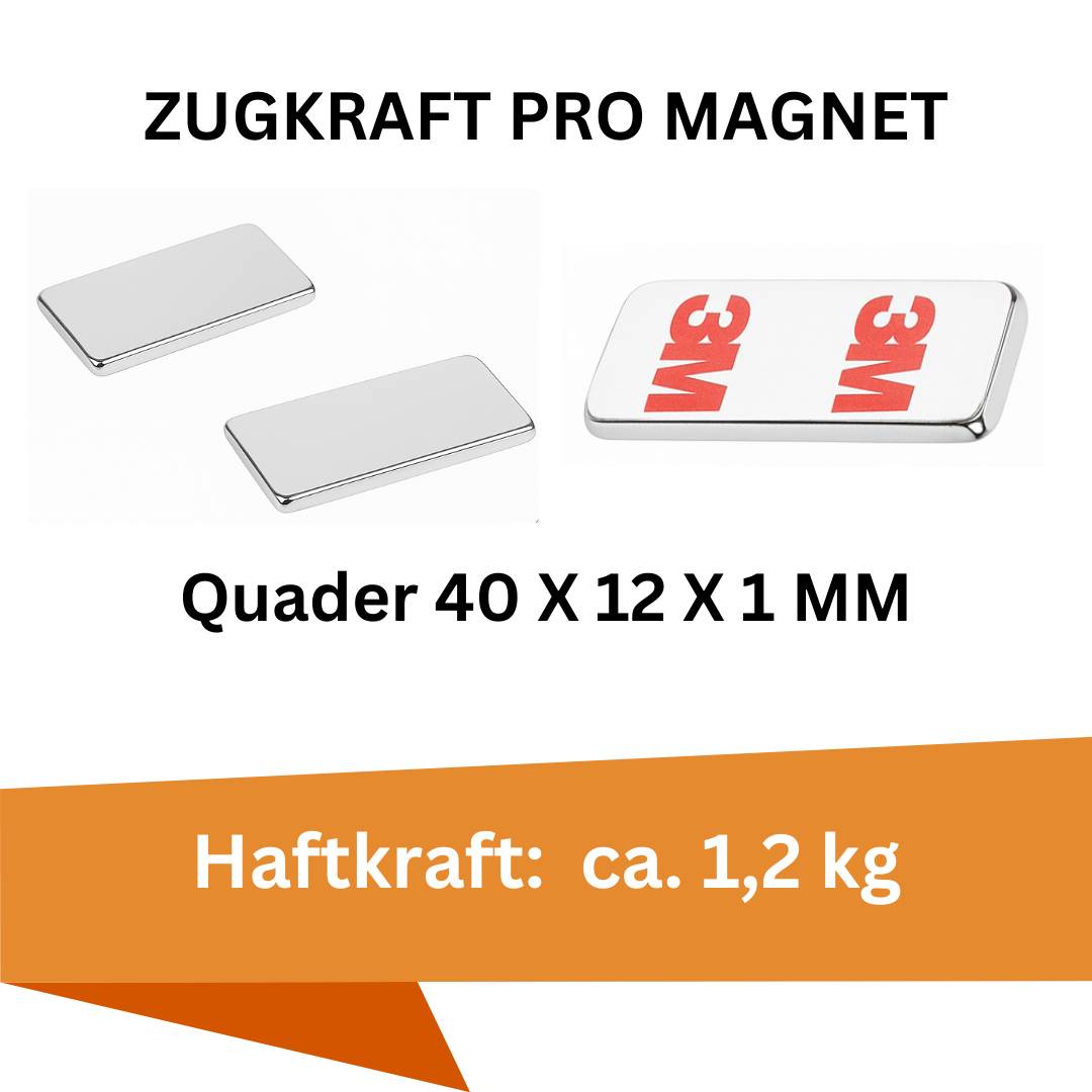 8 Stück 3M Selbstklebender Neodym-Magnet 40x12x1 mm – Superstarker Quadermagnet N42