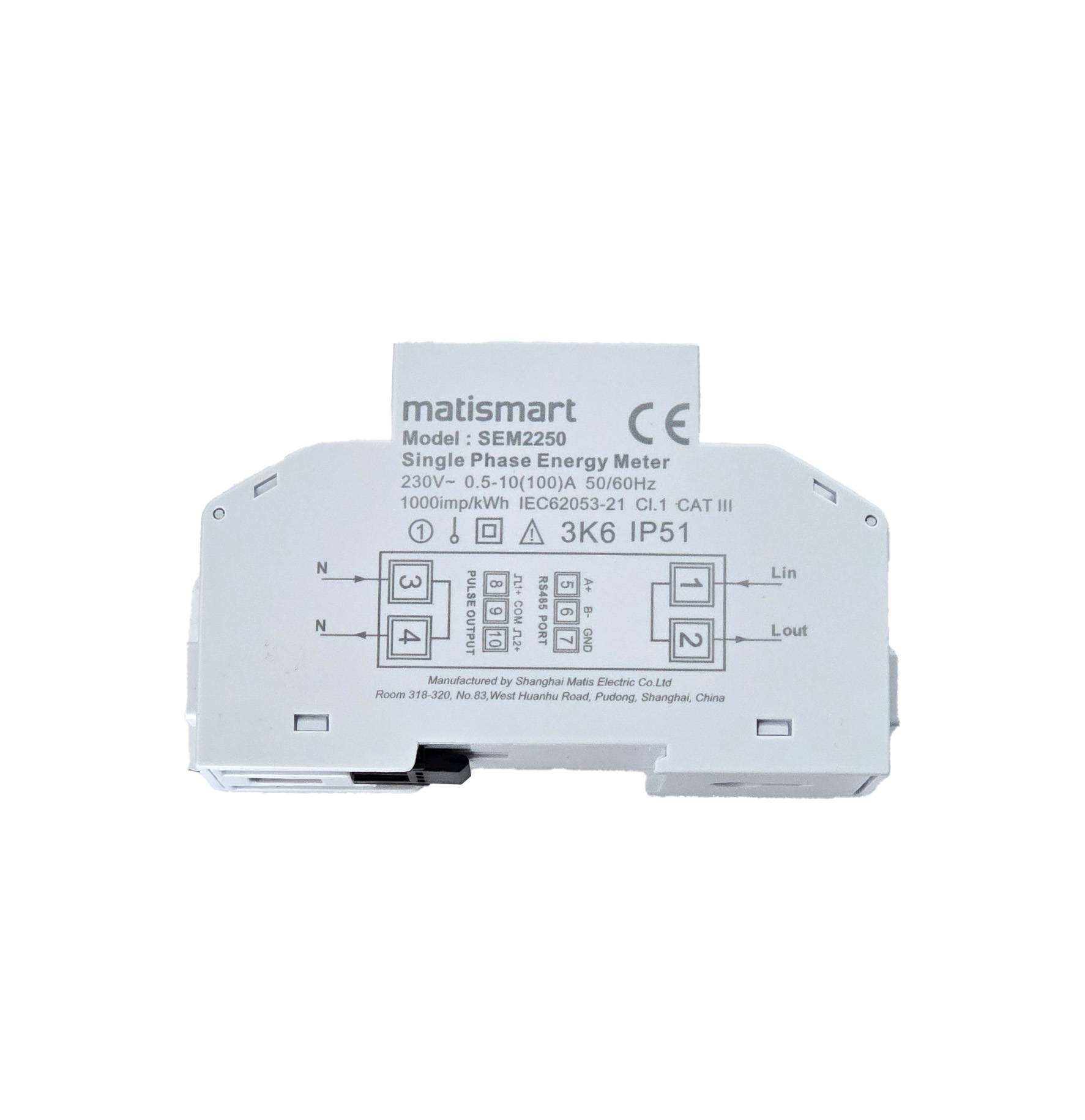 Matismart SEM2000 Einphasen-Smartmeter 230V bis 100A, Modbus, DIN-Schiene, MID, Klasse 1