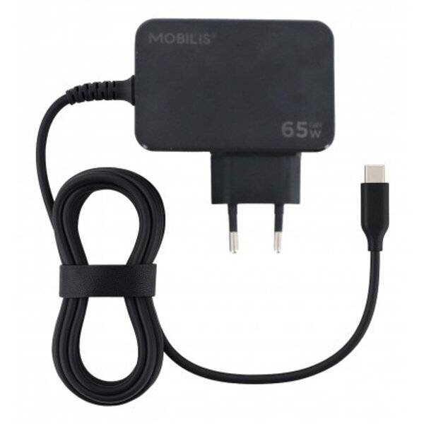 Schwarzes 65-W-MobiLis-Wandladegerät mit zweipoliger Steckverbindung und angeschlossenem USB-C-Kabel, dargestellt auf weißem Hintergrund.