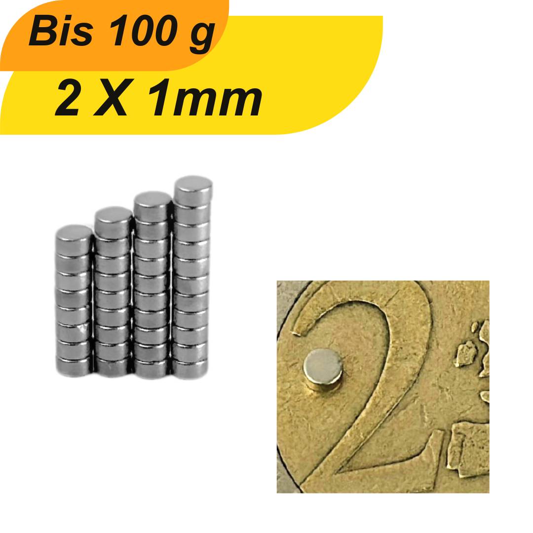 1000 Stück Neodym Magnet 2mm x 1mm Supermagnete hohe Haftkraft Scheibenmagnet
