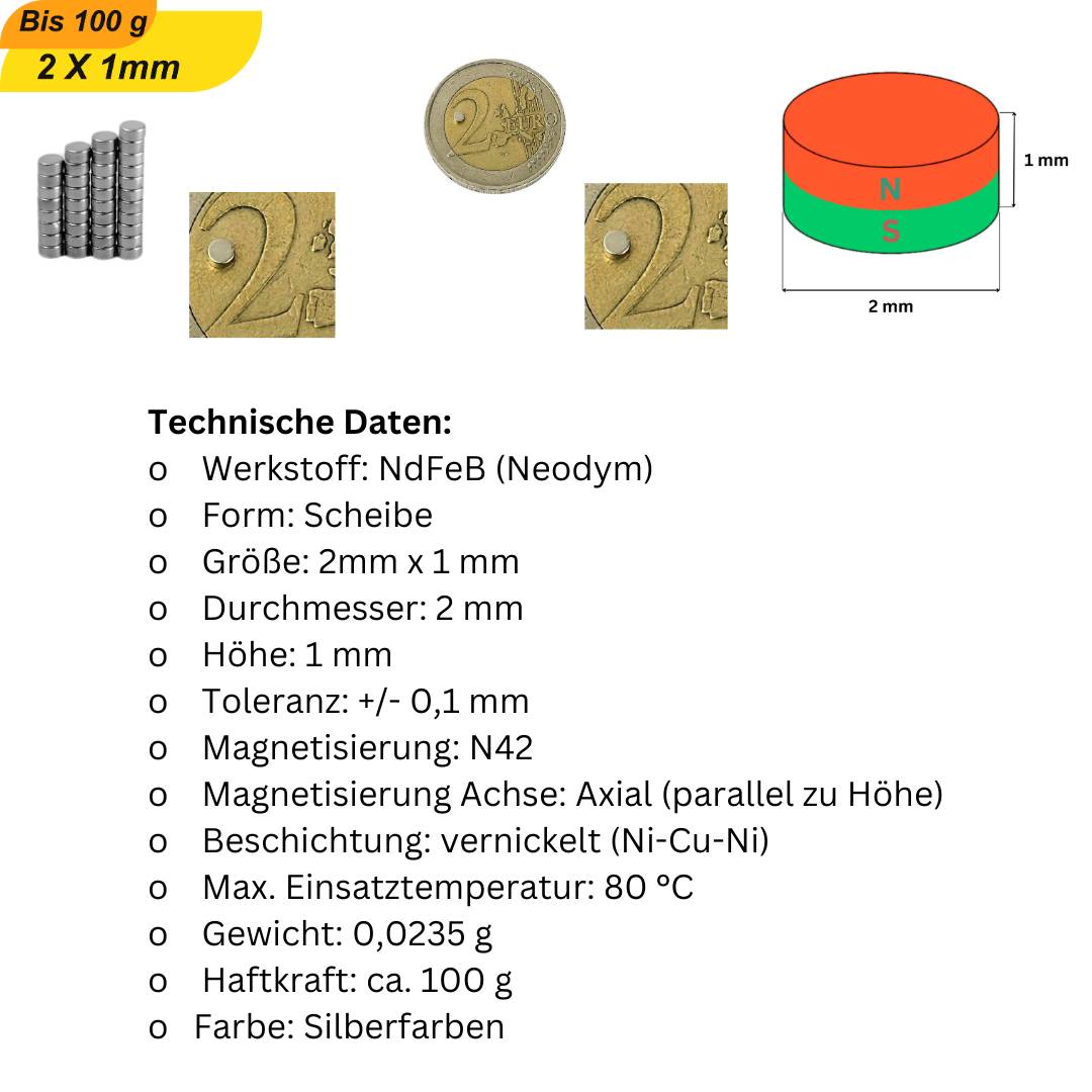 100 Stück Neodym Magnet 2mm x 1mm Supermagnete hohe Haftkraft Scheibenmagnet
