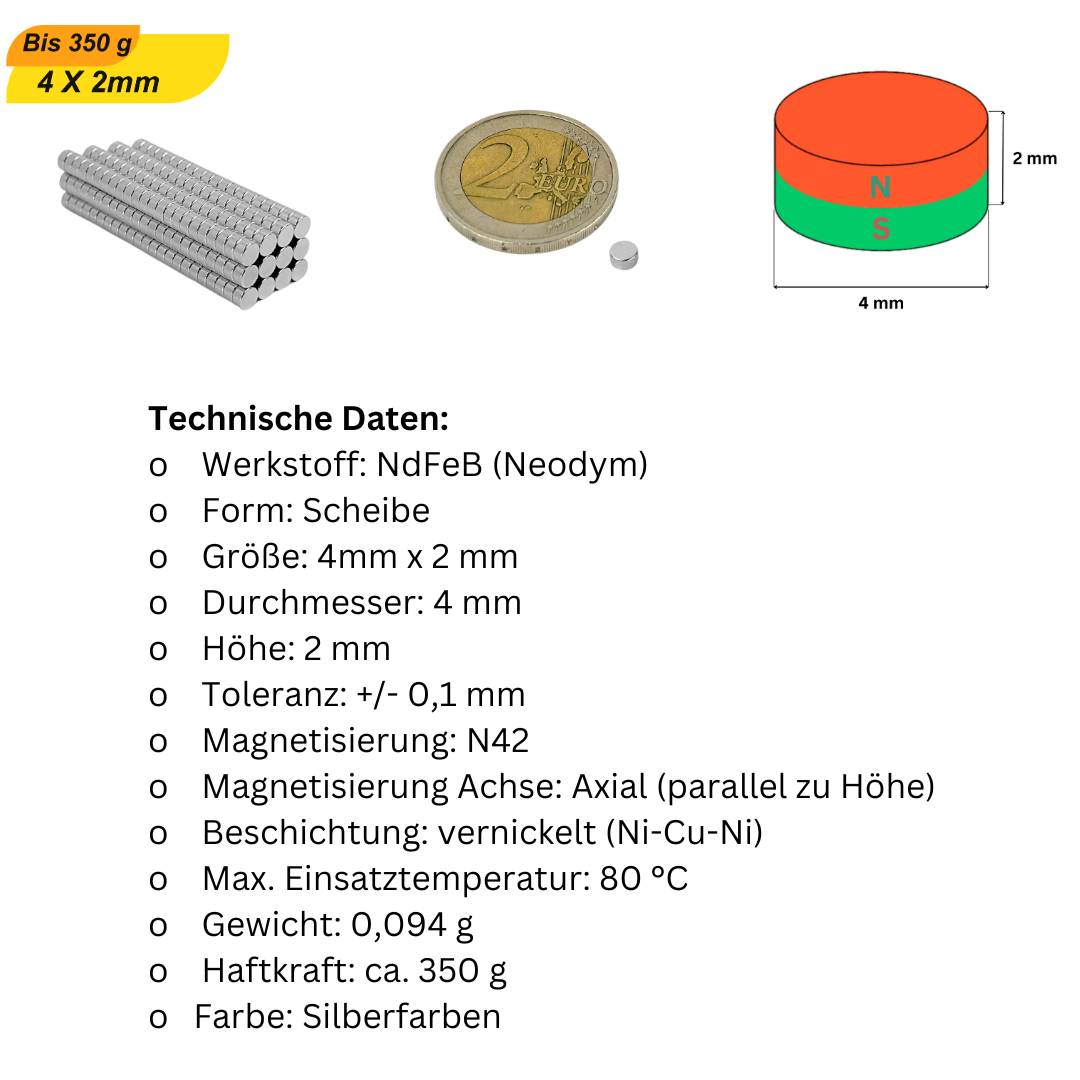 100 Stück Neodym Magnet 4mm x 2mm Supermagnete hohe Haftkraft Scheibenmagnet