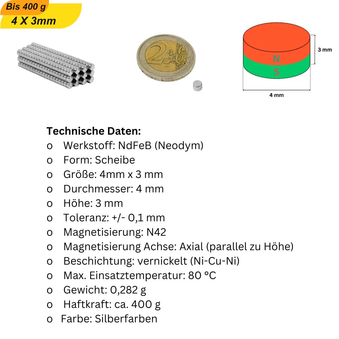 200 Stück Neodym Magnet 4mm x 3mm Supermagnete hohe Haftkraft Scheibenmagnet