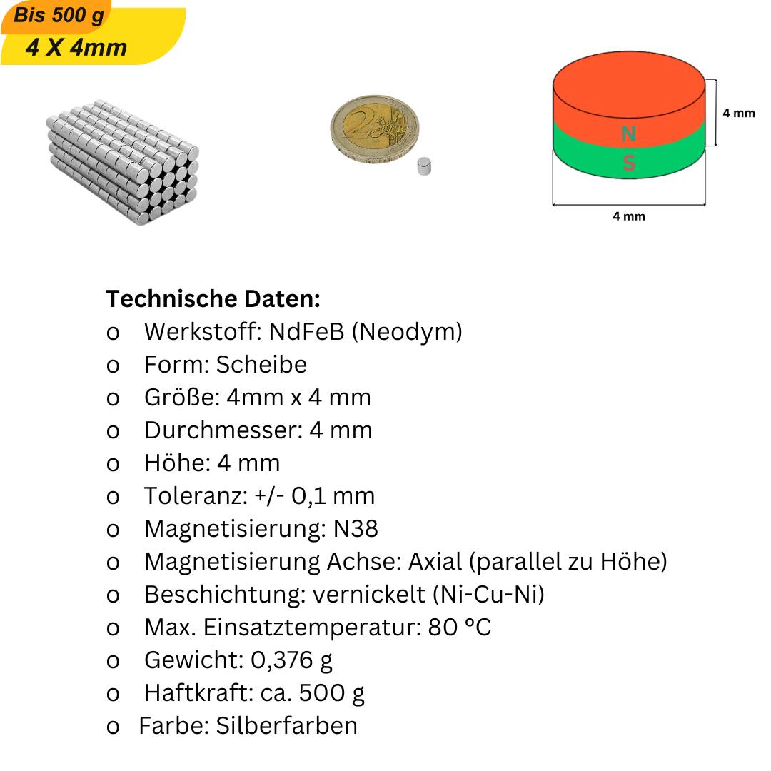 20 Stück Neodym Magnet 4mm x 4mm Supermagnete hohe Haftkraft Scheibenmagnet