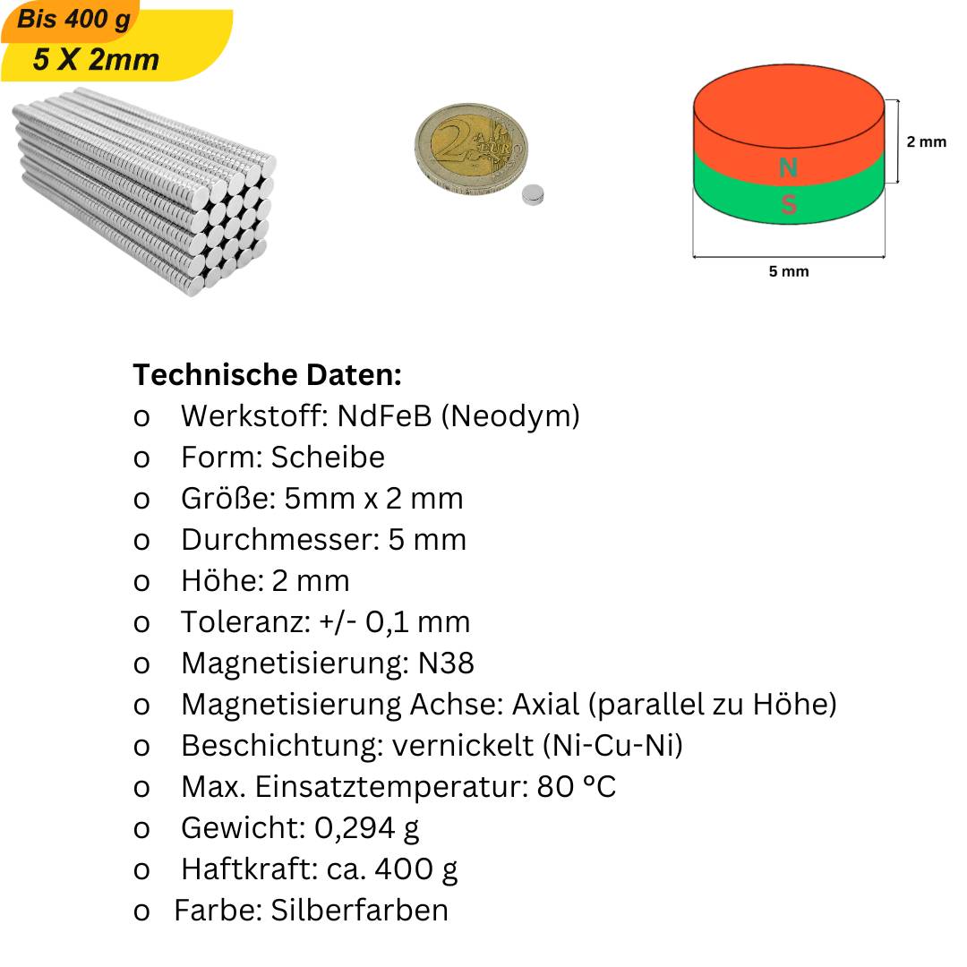 100 Stück Neodym Magnet 5mm x 2mm Supermagnete hohe Haftkraft Scheibenmagnet
