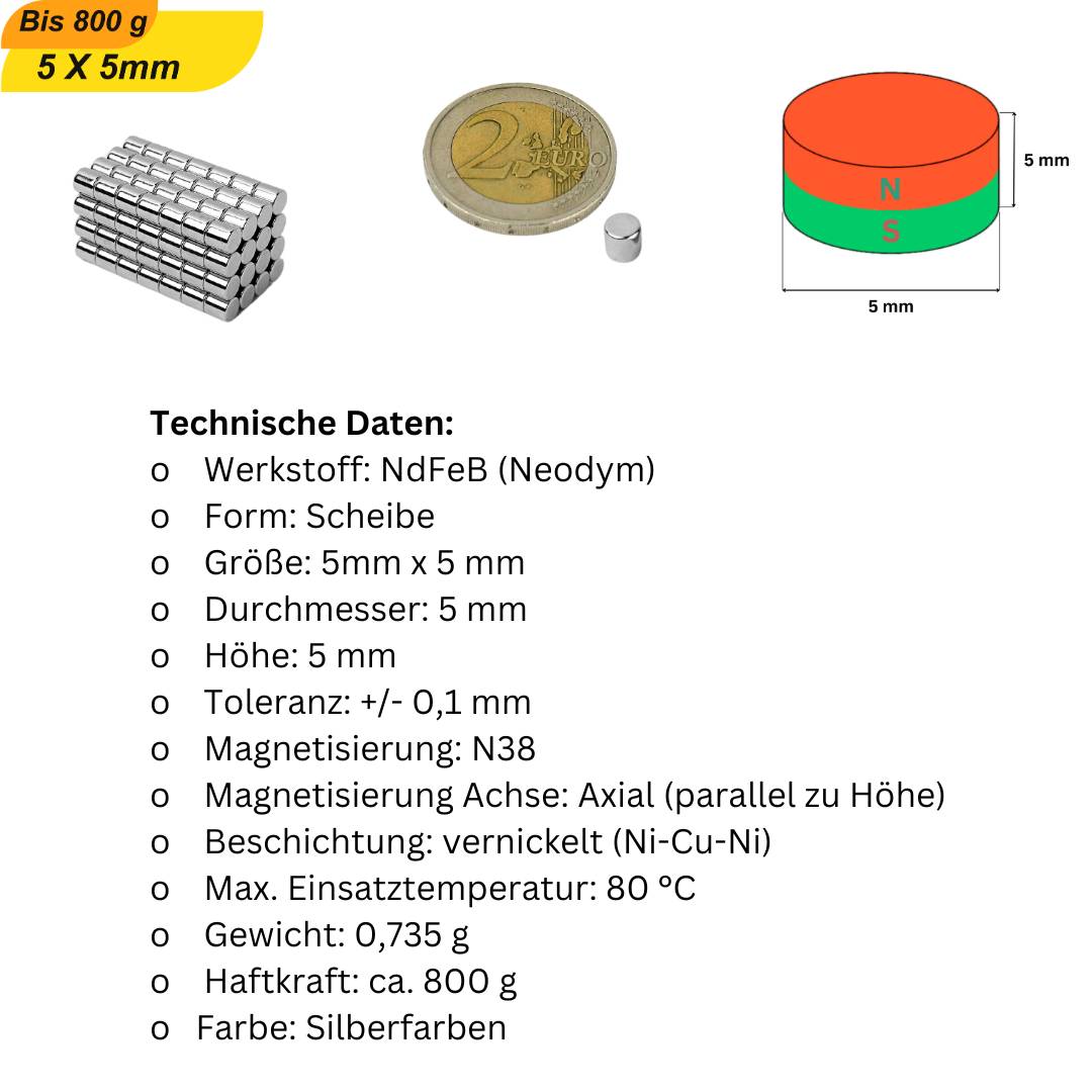1000 Stück Neodym Magnet 5mm x 5mm Supermagnete hohe Haftkraft Scheibenmagnet