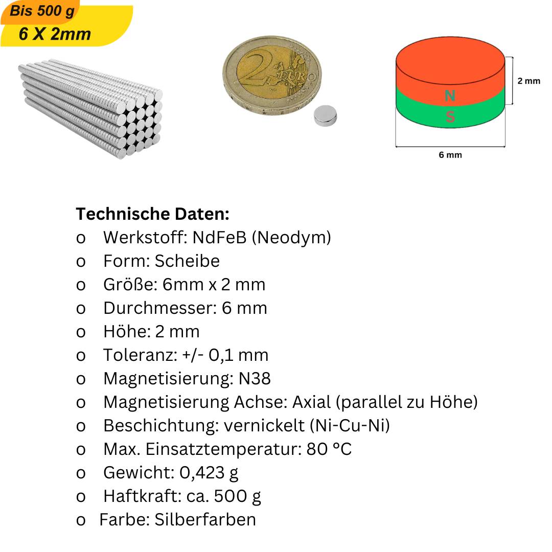 10 Stück Neodym Magnet 6mm x 2mm Supermagnete hohe Haftkraft Scheibenmagnet
