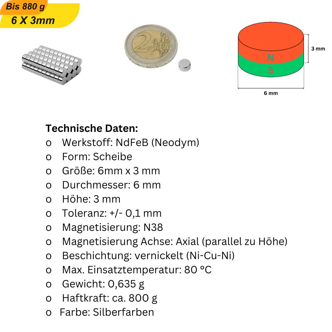 200 Stück Neodym Magnet 6mm x 3mm Supermagnete hohe Haftkraft Scheibenmagnet
