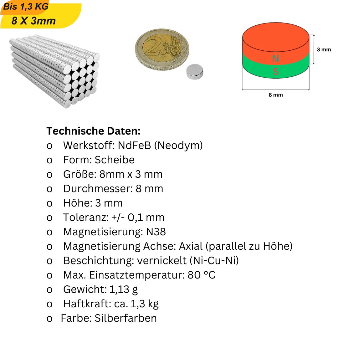 20 Stück Neodym Magnet 8mm x 3mm Supermagnete hohe Haftkraft Scheibenmagnet