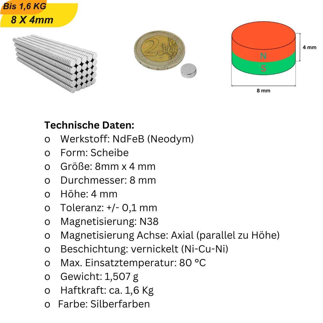 200 Stück Neodym Magnet 8mm x 4mm Supermagnete hohe Haftkraft Scheibenmagnet
