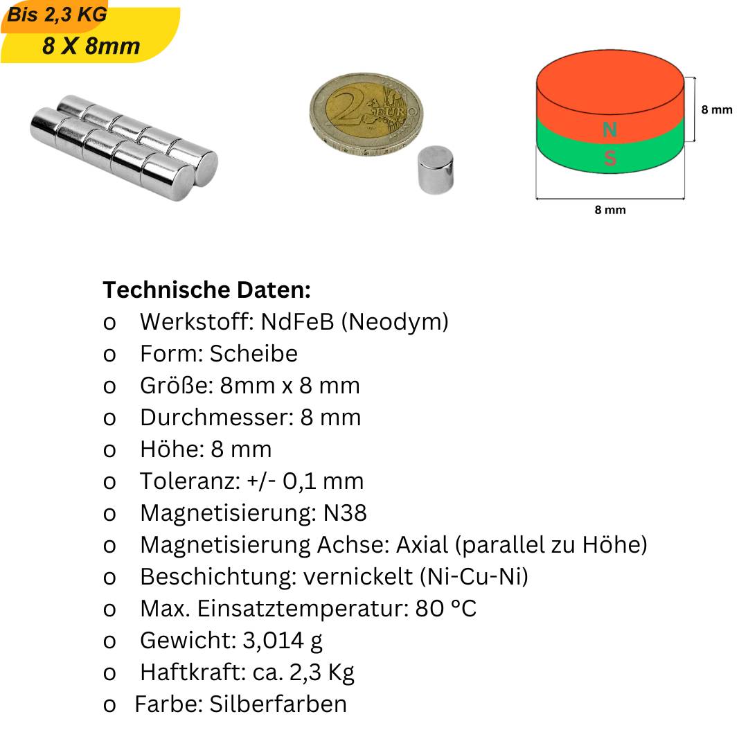 200 Stück Neodym Magnet 8mm x 8mm Supermagnete hohe Haftkraft Scheibenmagnet