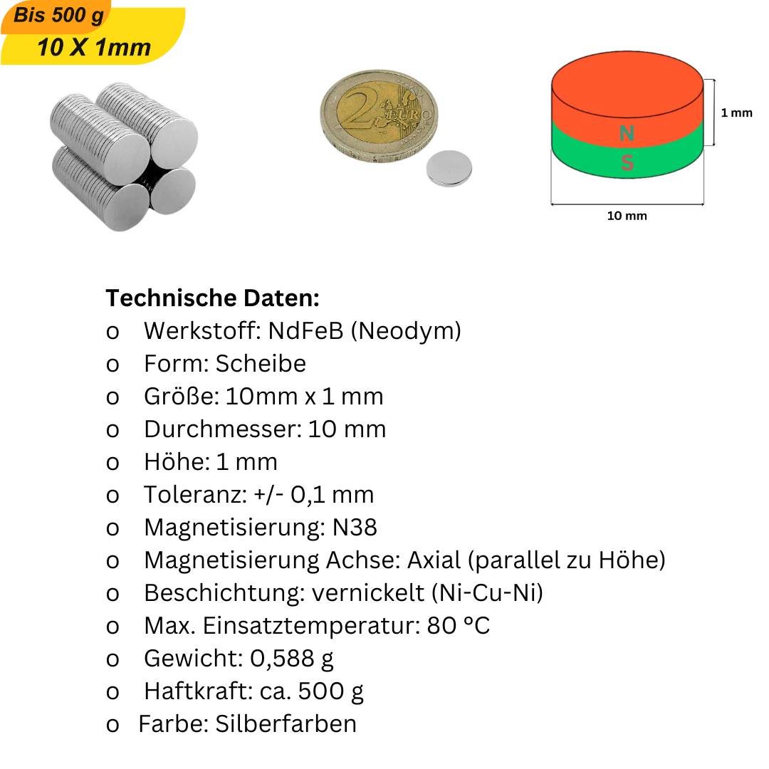 1 Stück Neodym Magnet 10mm x 1mm Supermagnete hohe Haftkraft Scheibenmagnet