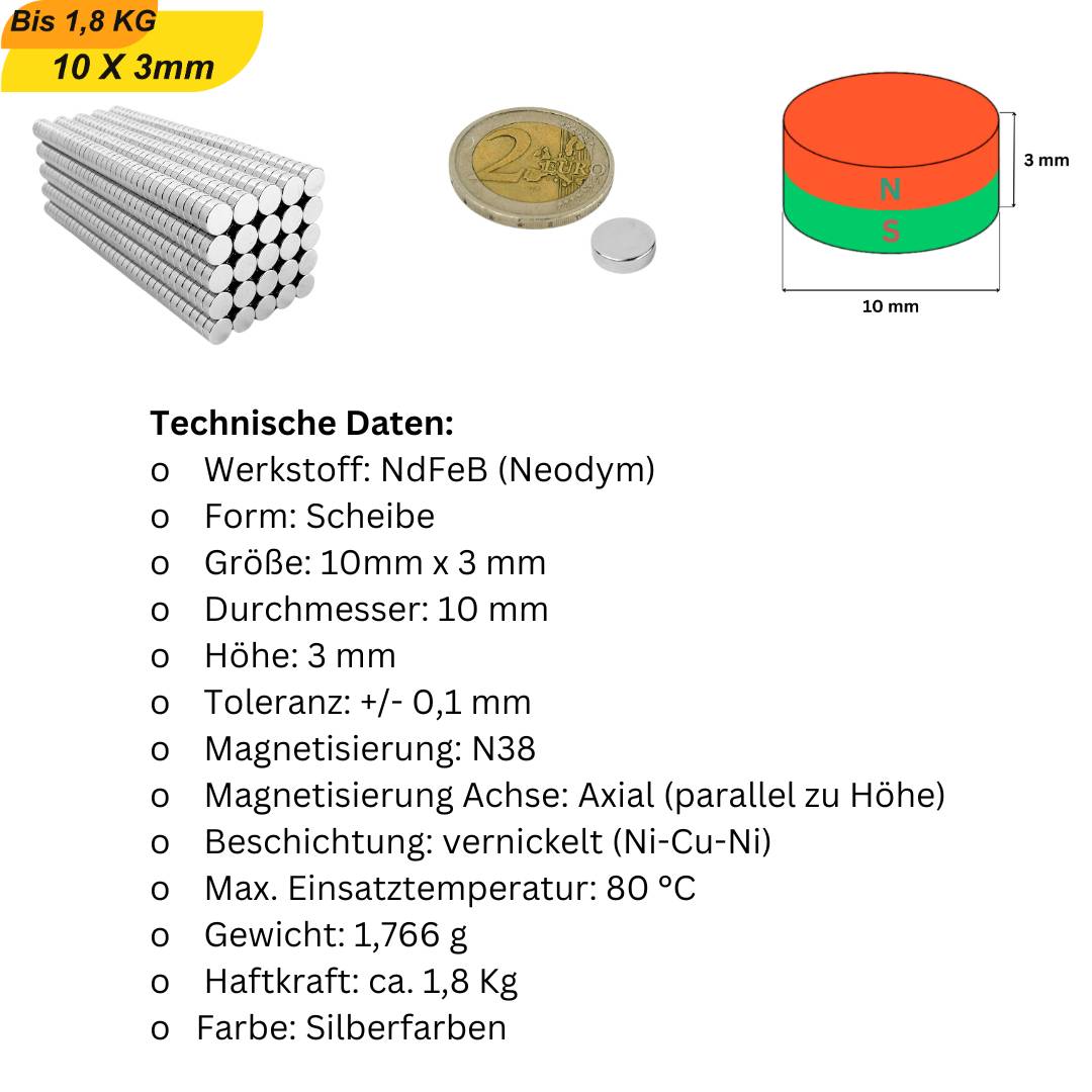 500 Stück Neodym Magnet 10mm x 3mm Supermagnete hohe Haftkraft Scheibenmagnet