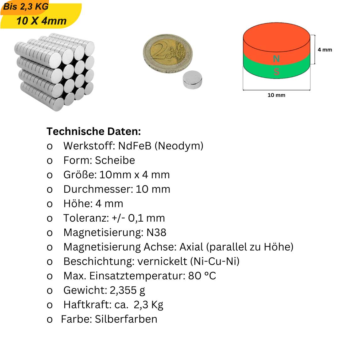 100 Stück Neodym Magnet 10mm x 4mm Supermagnete hohe Haftkraft Scheibenmagnet
