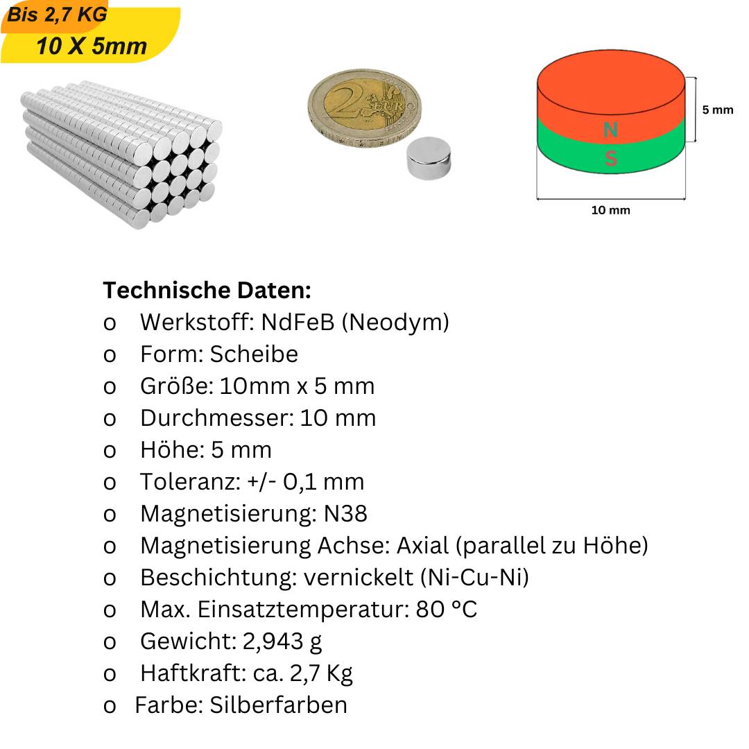 1 Stück Neodym Magnet 10mm x 5mm Supermagnete hohe Haftkraft Scheibenmagnet