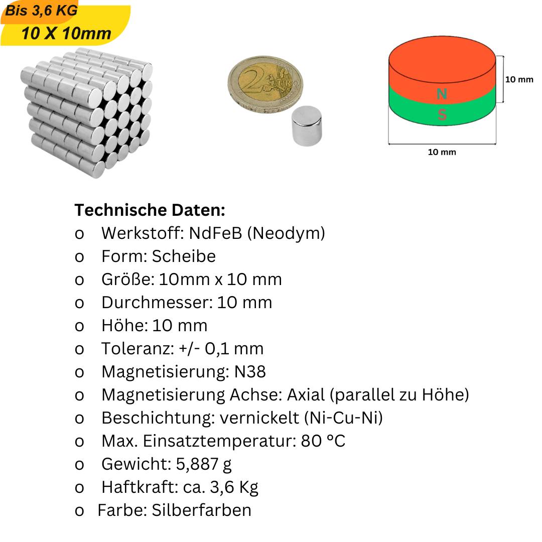 1000 Stück Neodym Magnet 10mm x 10mm Supermagnete hohe Haftkraft Scheibenmagnet