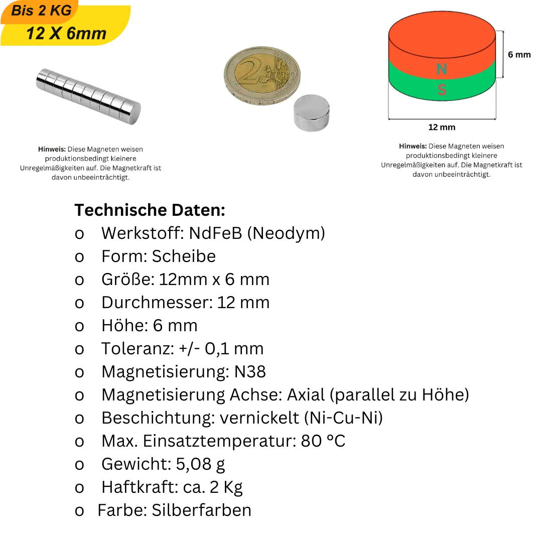 5 Stück Neodym Magnet 12mm x 6mm Supermagnete hohe Haftkraft Scheibenmagnet