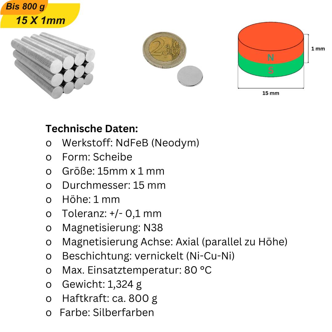 10 Stück Neodym Magnet 15mm x 1mm Supermagnete hohe Haftkraft Scheibenmagnet